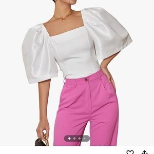 Floerns Women's Square Neck Puff Short Sleeve Elegant Blouse Crop Top